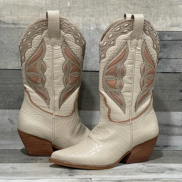 Steve Madden Women’s Wynter Leather Cowboy Boots - Bone Multi - Picture 2 of 15